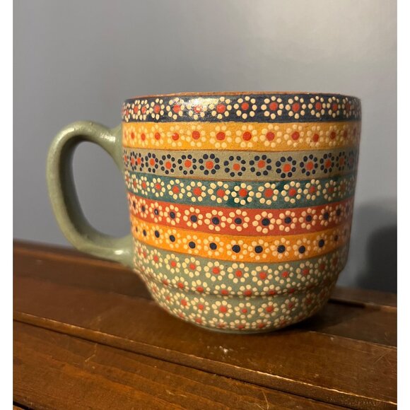 Handmade Unmarked Hand Painted Floral Pattern Lustre Mexican Style Clay Mug Boho - Picture 1 of 8